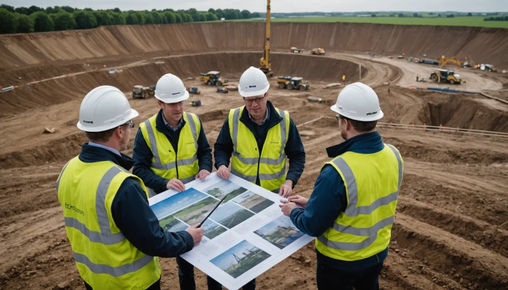 Development team assessing exposed ground beside a trial pit