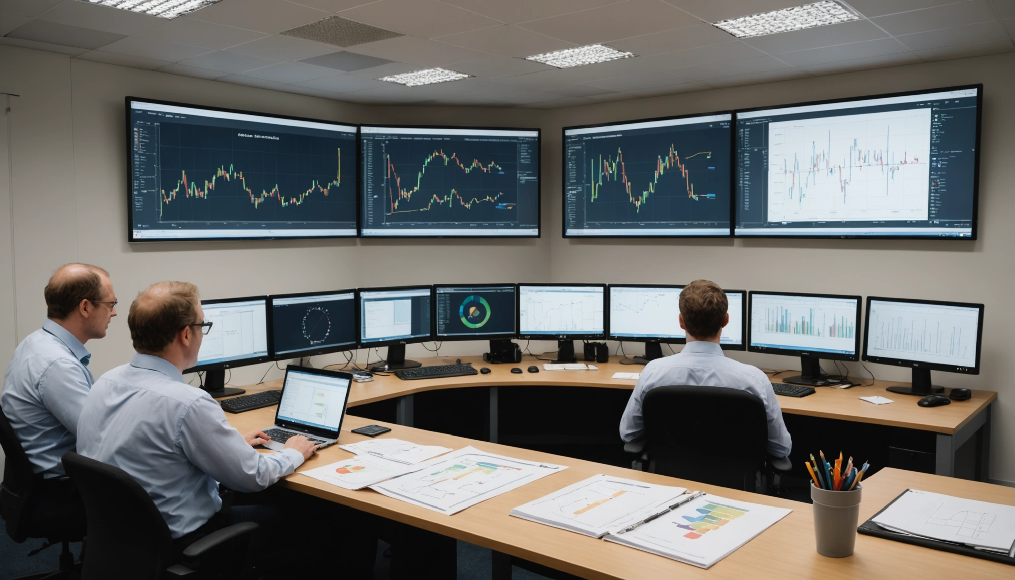 Engineers reviewing real-time infrastructure data on digital displays