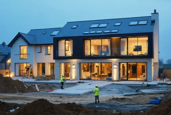 Engineers inspect insulated foundations of a low-energy home at dawn