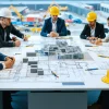 Engineering team plans modular construction in a bright modern workspace