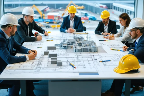 Engineering team plans modular construction in a bright modern workspace