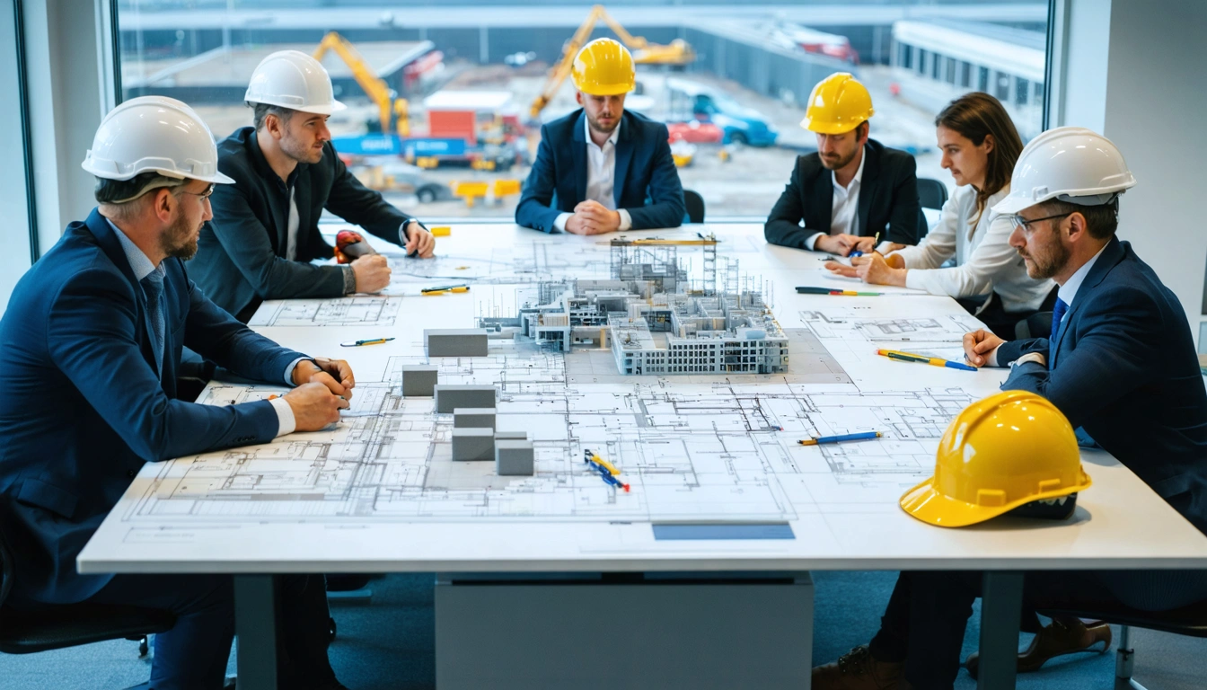 Engineering team plans modular construction in a bright modern workspace