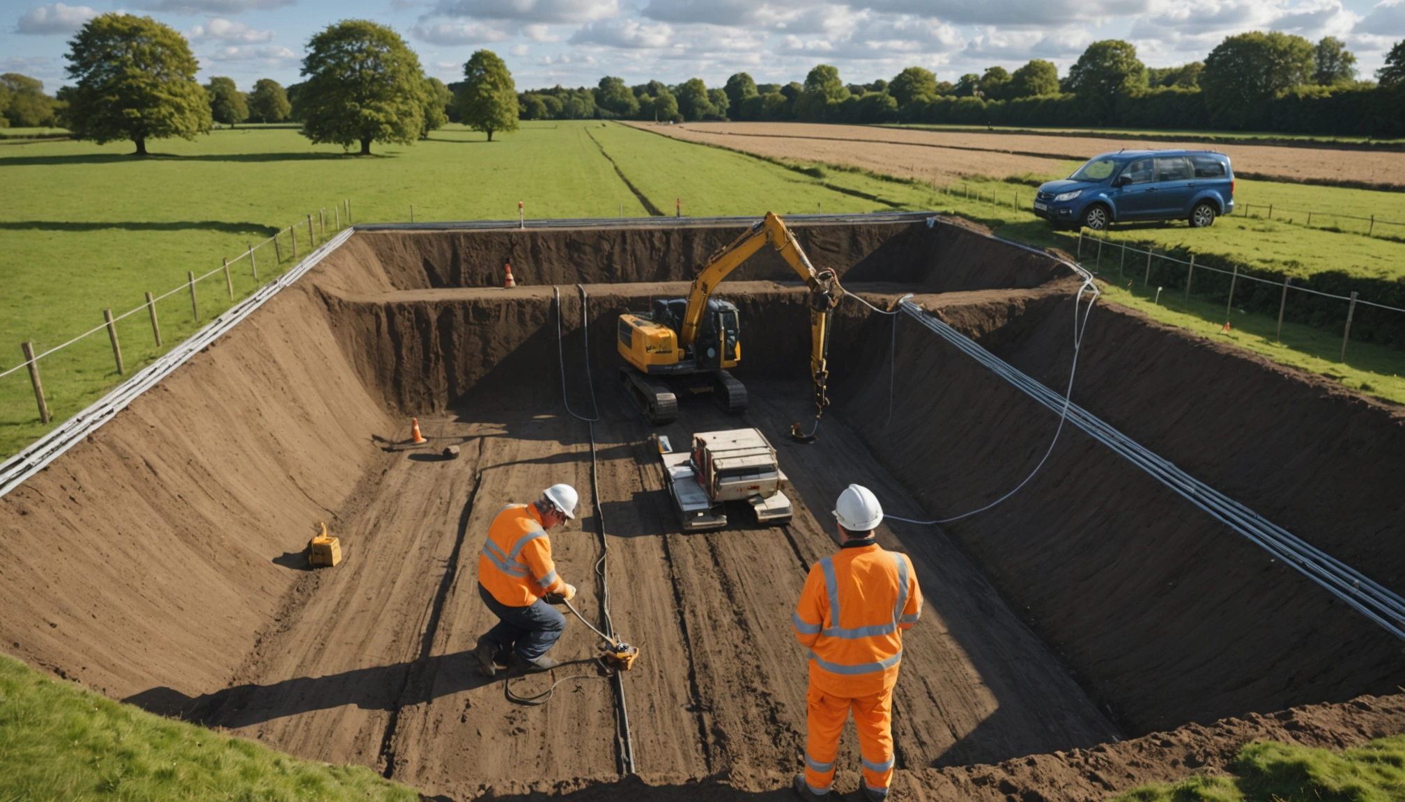 Surveyor inspecting uneven ground beside a partially excavated building plot