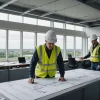 Engineers review structural monitoring sensors beside a model overlooking bridge works