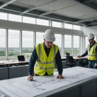 Engineers review structural monitoring sensors beside a model overlooking bridge works