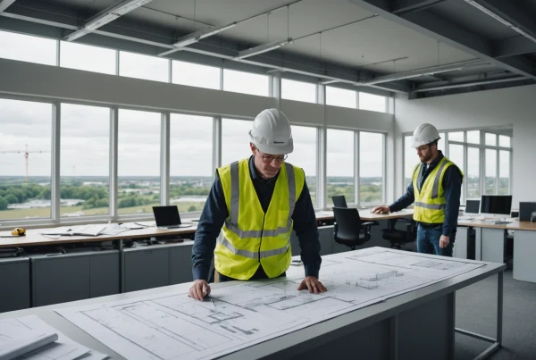 Engineers review structural monitoring sensors beside a model overlooking bridge works