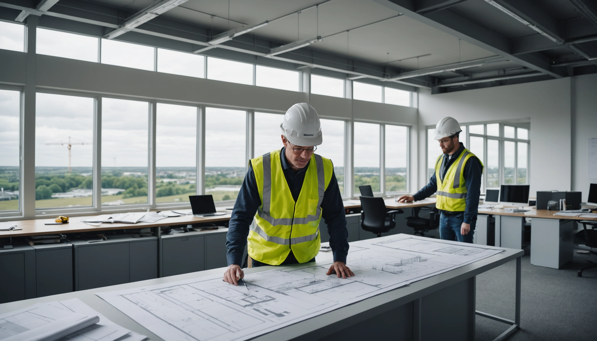 Engineers review structural monitoring sensors beside a model overlooking bridge works