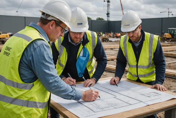 Civil engineering team reviews site plans beside trial excavation works