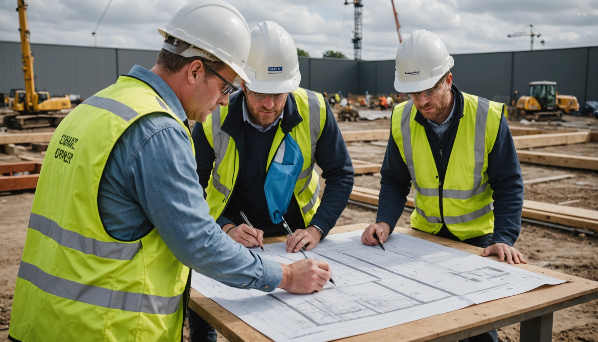 Civil engineering team reviews site plans beside trial excavation works