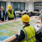 Civil engineering team reviewing geological maps and soil samples in project office