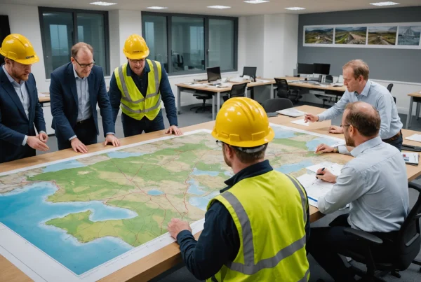 Civil engineering team reviewing geological maps and soil samples in project office