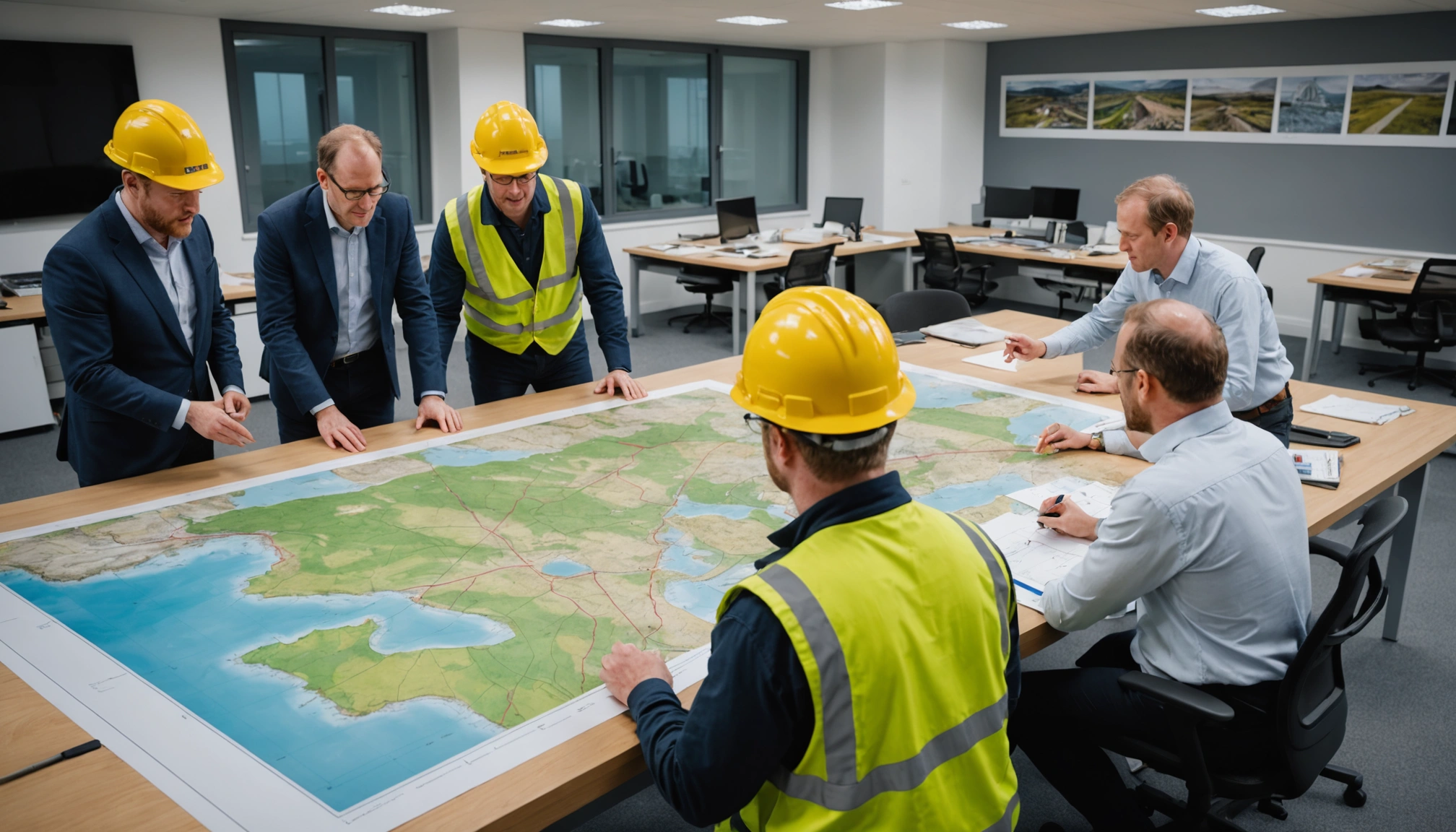Civil engineering team reviewing geological maps and soil samples in project office