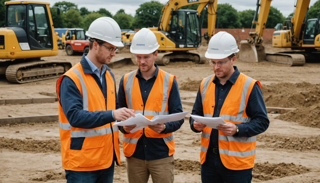 Construction team reviews site plans beside active groundworks operations