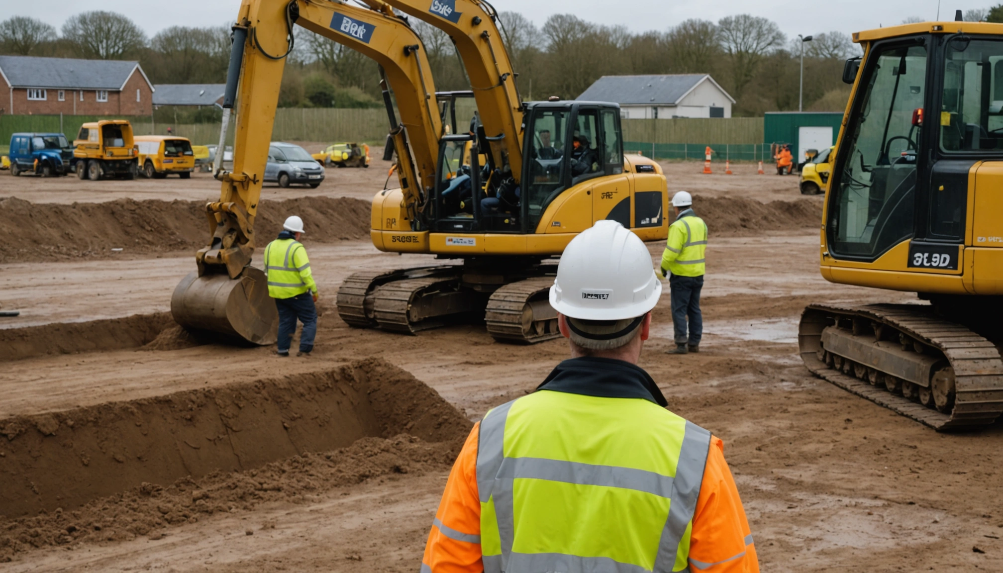 Construction workers checking foundation trenches before pouring concrete