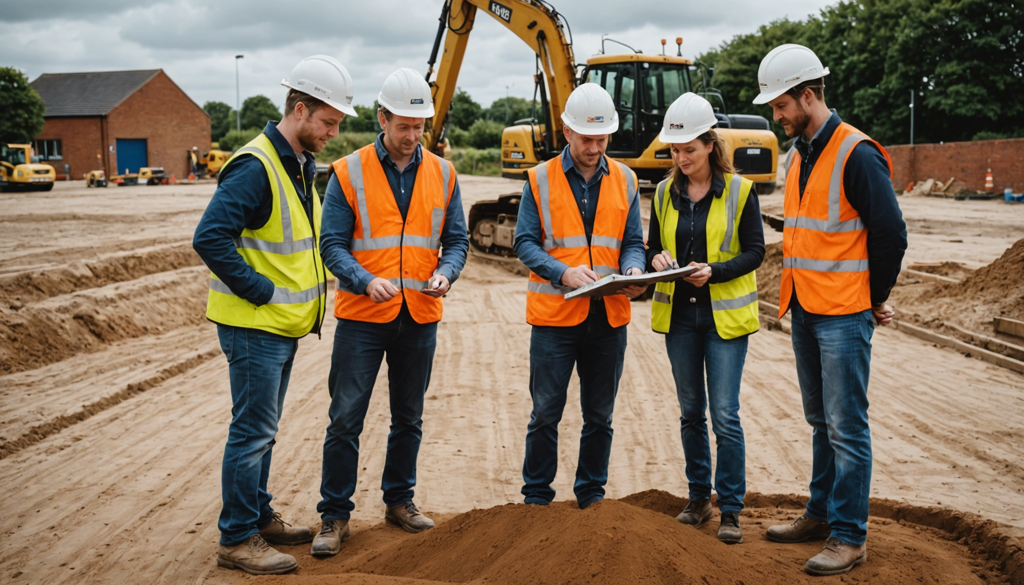 Three groundworks professionals inspect soil conditions at a British construction site