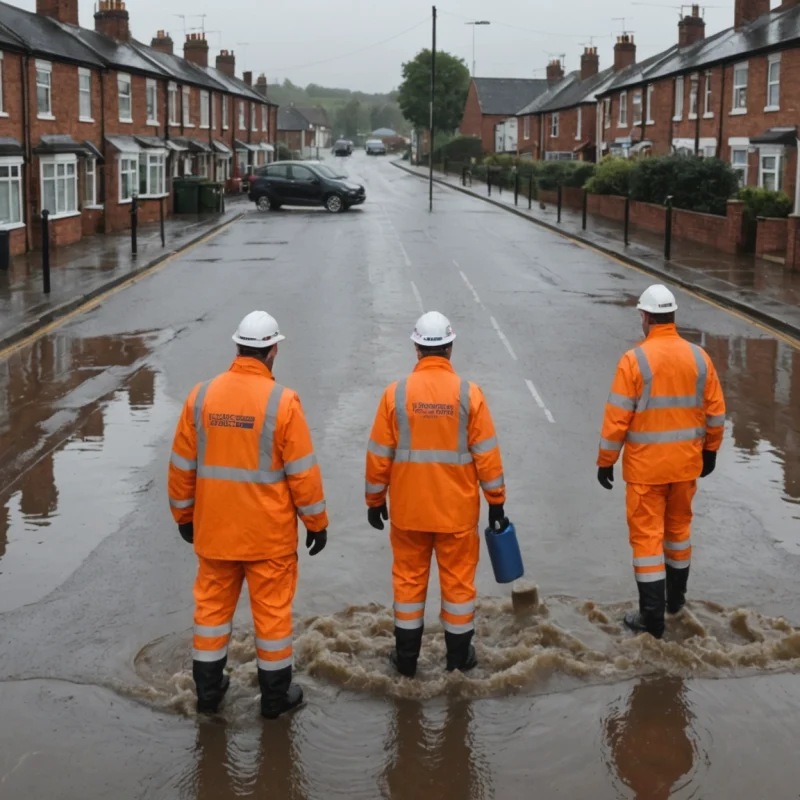Engineers assess overwhelmed drainage on a rain-soaked British street