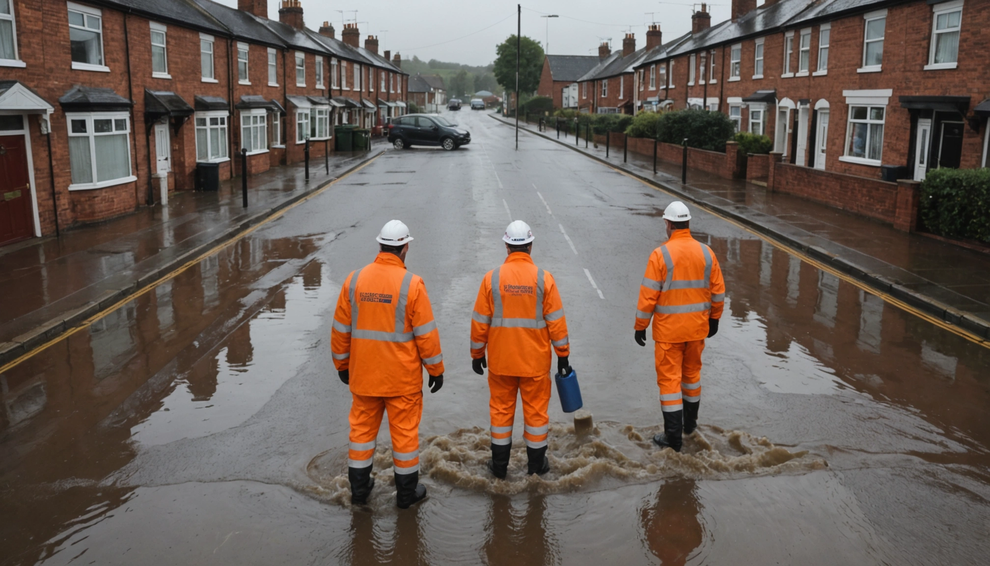 Engineers assess overwhelmed drainage on a rain-soaked British street