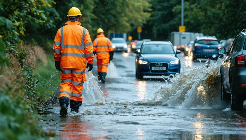 Civil engineers survey stormwater runoff across rain-soaked urban streets