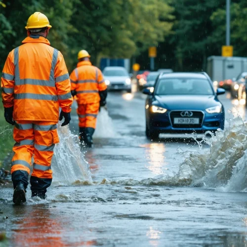 Civil engineers survey stormwater runoff across rain-soaked urban streets