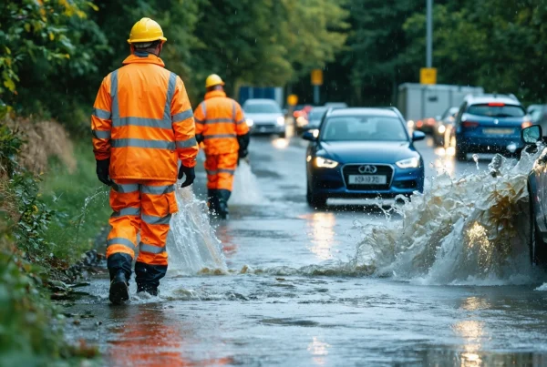Civil engineers survey stormwater runoff across rain-soaked urban streets