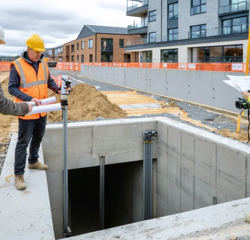Drainage inspection team examining an open concrete manhole chamber on site