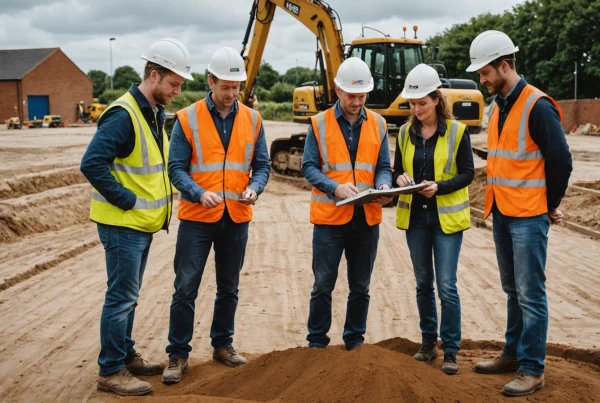 Three groundworks professionals inspect soil conditions at a British construction site