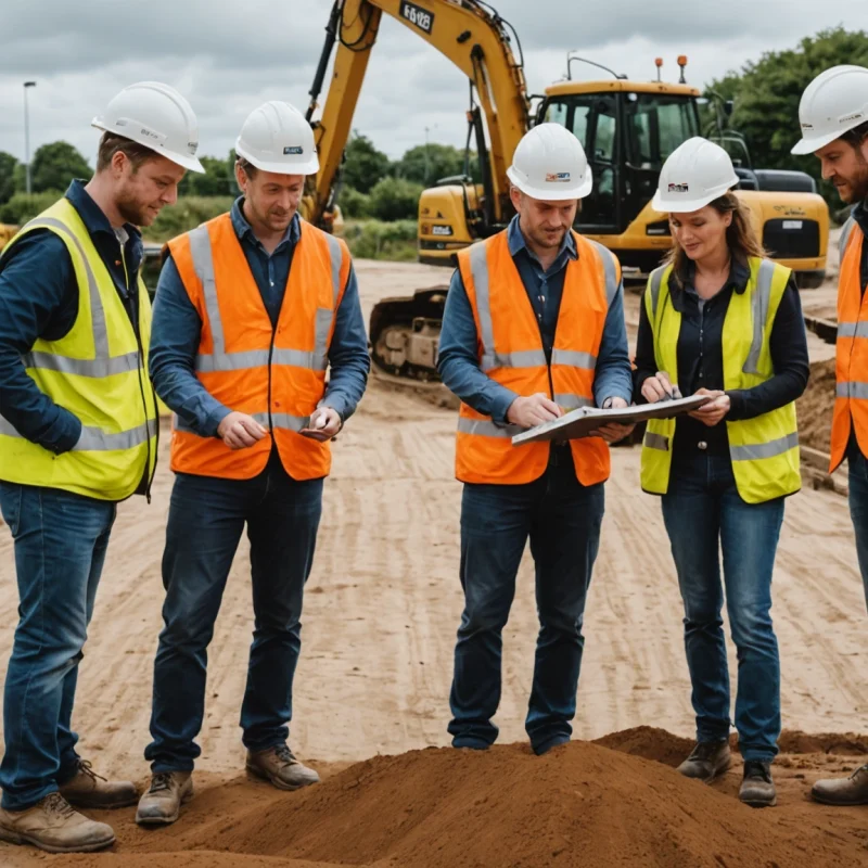 Three groundworks professionals inspect soil conditions at a British construction site