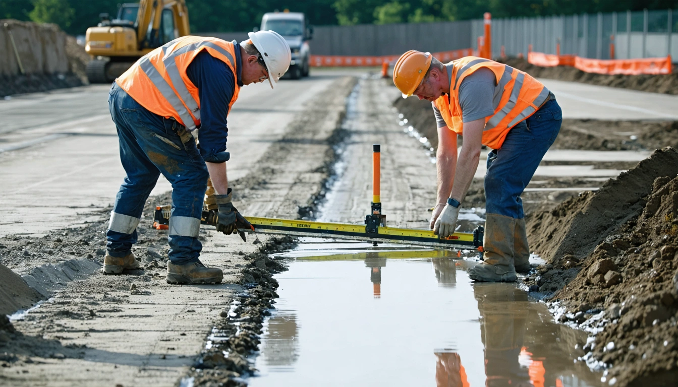 Worker leveling aggregate beneath a partially completed paved surface